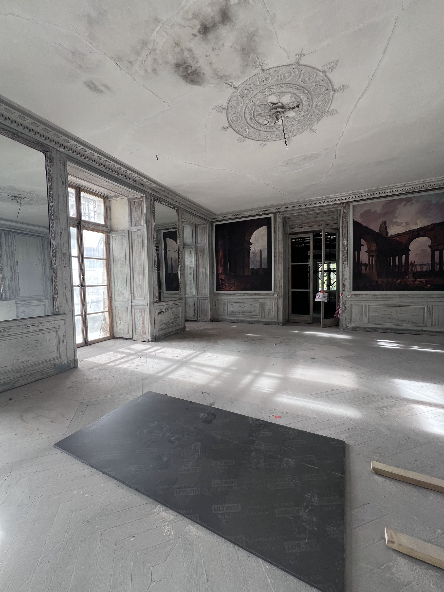 Grand salon d'un château en restauration — décors et tableaux